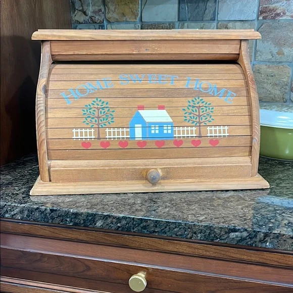 Vintage Rolltop Wooden Breadbox With Home Sweet Home - Picture 1 of 8